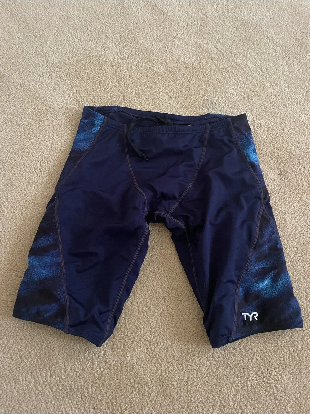 TYR Men’s Navy Blue Swim Jammers with Metallic Blue Side Panels